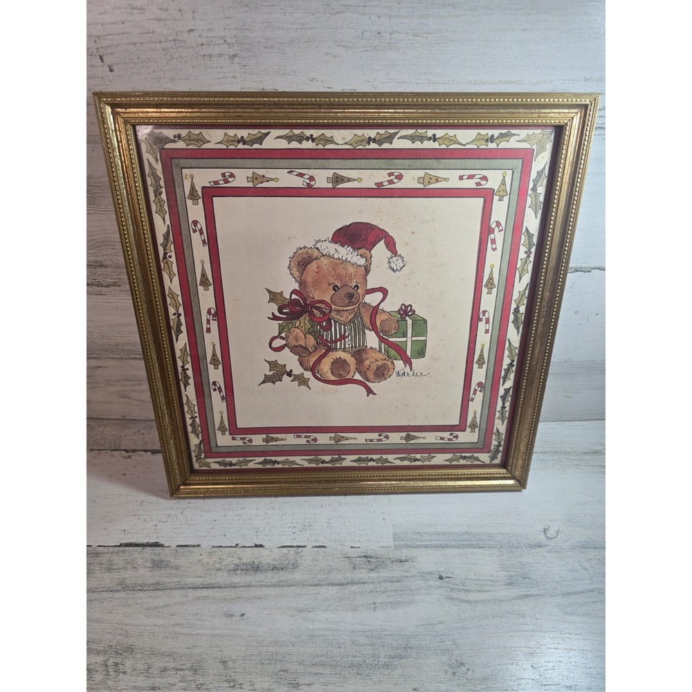 VTG Impulse Designs B Parker Christmas Teddy Bear Framed‎ Art Gold Frame 12x12
